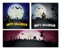 Halloween banners set. Foggy landscape with bats, full moon, pumpkins, trees and gravestones on graveyard