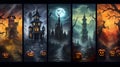Halloween banners set up spooky buildings and elaborate landscapes