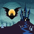 Halloween bat flying and haunted castle Royalty Free Stock Photo