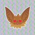 Halloween Bat smiley head with hearts in eyes. In love. Vector illustration of bat-eared brown snout shows enamored