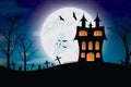 Halloween bats and dark castle on blue Moon background.