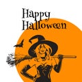 Halloween beautiful sexy witch holding broomstick n orange Moon background. Happy Halloween text. Hand drawn vector illustration Royalty Free Stock Photo