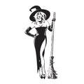 Halloween beautiful sexy witch holding broomstick in sketch style. Pretty young woman in witches hat and black dress Royalty Free Stock Photo