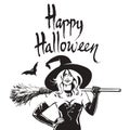 Halloween beautiful sexy witch holding broomstick. Happy Halloween text. Hand drawn vector illustration Royalty Free Stock Photo