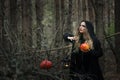 Halloween. beautiful witch girl in a black dress in the forest.