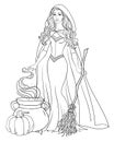 Halloween Beautiful Witch In Vintage Costume With Broom, Pumpkin And Pot Vector Black And White Illustration