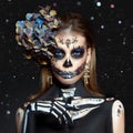 Halloween beauty skeleton woman makeup face Bokeh glitter. Girl death Halloween costume. Day of The Dead. Charming and dangerous Royalty Free Stock Photo