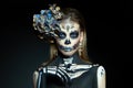 Halloween beauty skeleton woman makeup face. Girl death Halloween costume. Day of The Dead. Charming and dangerous Calavera Royalty Free Stock Photo