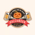 Halloween Beer party patch. Halloween retro badge, pin. Sticker for shirt or logo, print, seal, stamp. Skeleton hand