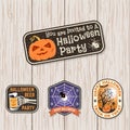 Halloween Beer party patch. Halloween retro badge, pin. Sticker for logo, print, seal. Scarecrow with raven, pumpkin