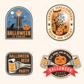 Halloween Beer party patch. Halloween retro badge, pin. Sticker for logo, print, seal. Scarecrow with raven, pumpkin