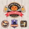Halloween Beer party patch. Halloween retro badge, pin. Sticker for logo, print, seal. Scarecrow with raven, pumpkin