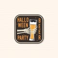 Halloween Beer party patch. Halloween retro badge, pin. Sticker for shirt or logo, print, seal, stamp. Skeleton hand