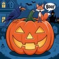 halloween a big pumpkin with a crow and a small fox premium quality Royalty Free Stock Photo