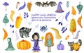Halloween big set. Good young cartoon witches. Candy, black cat, bat, spider, pumpkins, magic wand, witchs hats and fantasy leaves