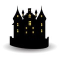 Halloween black castle with yellow windows. Vector illustration. Royalty Free Stock Photo