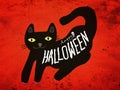 Halloween black cat on dark red grunge background illustration Royalty Free Stock Photo
