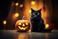 Halloween black cat with pumpkin jack-o-lantern Royalty Free Stock Photo