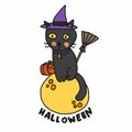 Halloween black cat wear witch hat sit on moon cartoon illustration Royalty Free Stock Photo