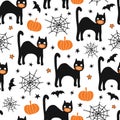 Halloween black cat wearing face mask seamless vector pattern. Corona Halloween 2020 Repeating background. Cute hand Royalty Free Stock Photo