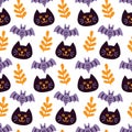 Halloween Black cats, Bats Silhouettes, Vector Seamless Pattern Texture Royalty Free Stock Photo