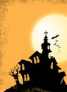 Halloween Black Haunted House Silhouette on Hill with Bats and Night Moon Royalty Free Stock Photo