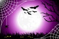 Halloween black and purple illustration with bright full moon, white cobweb with spider, flying bats, tree branches, evil eyes Royalty Free Stock Photo