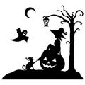 Halloween black silhouette. Mystic scene with witch on pumpkin. Isolated october landscape. Cartoon background