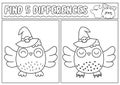 Halloween black and white find differences game for children. Attention skills line activity with cute owl. Puzzle for kids with