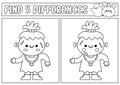 Halloween black and white find differences game for children. Attention skills line activity with cute voodoo or Frankenstein