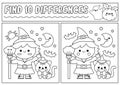 Halloween black and white find differences game for children. Attention skills line activity with cute witch, black cat. Puzzle