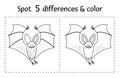 Halloween black and white find differences game for children. Autumn educational activity with funny bat. Printable worksheet or