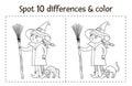 Halloween black and white find differences game for children. Autumn educational activity with funny witch, broom, cat. Printable Royalty Free Stock Photo