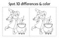 Halloween black and white find differences game for children. Autumn educational activity with funny witch, cauldron, cat. Royalty Free Stock Photo