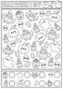 Halloween black and white I spy game for kids. Searching and counting line activity with cute kawaii holiday symbols. Scary autumn