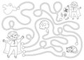 Halloween black and white maze for children. Autumn preschool printable educational activity. Funny day of the dead game or Royalty Free Stock Photo