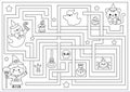 Halloween black and white maze for kids. Autumn holiday line preschool printable activity with cute kawaii witch, cat, ghost. Royalty Free Stock Photo