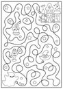 Halloween black and white maze for kids. Autumn holiday preschool printable activity with cute kawaii ghost and haunted cottage. Royalty Free Stock Photo