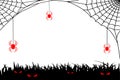 Halloween black, white and red illustration with cobweb, spiders and evil eyes in the grass. Halloween background with copy space Royalty Free Stock Photo