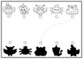 Halloween black and white shadow matching activity. Autumn holiday puzzle with cute kawaii animals. Find correct silhouette Royalty Free Stock Photo