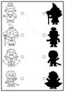 Halloween black and white shadow matching activity. Autumn holiday puzzle with cute kawaii witch, vampire. Find correct silhouette