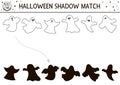 Halloween black and white shadow matching activity. Autumn line puzzle with ghost. Coloring page or game for kids with scary