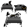 Halloween black witch cat sitting on bench vector design set Royalty Free Stock Photo