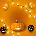 Halloween blank template for your arts with copy space. Square layout with Halloween orange and black air balloons, garland lights