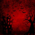 Halloween bloody red background with bats, terrible dead tree, spiders, webs and castle