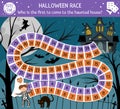 Halloween board game for children with spooky castle and cute children. Educational boardgame with bats, black cat, witch. Who is Royalty Free Stock Photo