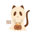 Halloween boho print. Cute Halloween cat, cartoon ghost cat, skull, pumpkin, Halloween sweets. Boho brown spooky card