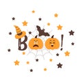 Halloween BOO message with Pumpkins angry Emoji, Bat and Witch Hat. Friendly Emoji Faces in the night sky with stars