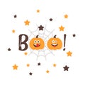 Vector Halloween BOO message with Pumpkins happy Emoji cartoon characters. Friendly Emoji Faces in the night sky with Royalty Free Stock Photo