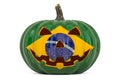 Halloween in Brazil concept. Evil carved pumpkin with Brazilian flag, 3D rendering